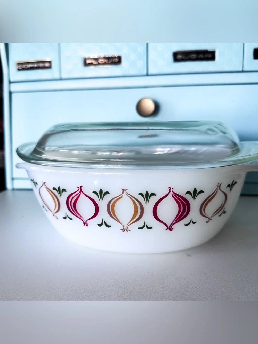 Schott Mainz Jena Glas Opal Onion Casserole Lid Vintage Germany 1960s w/ Box